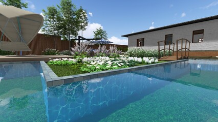 3d image of the landscape design of the home territory. Landscaping of the territory. Computer visualization of composite landscaping and landscaping solutions. White garden.