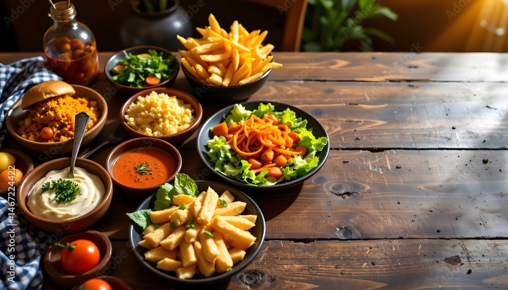 Poster an inviting table set with a wide array of diverse meals from around the world