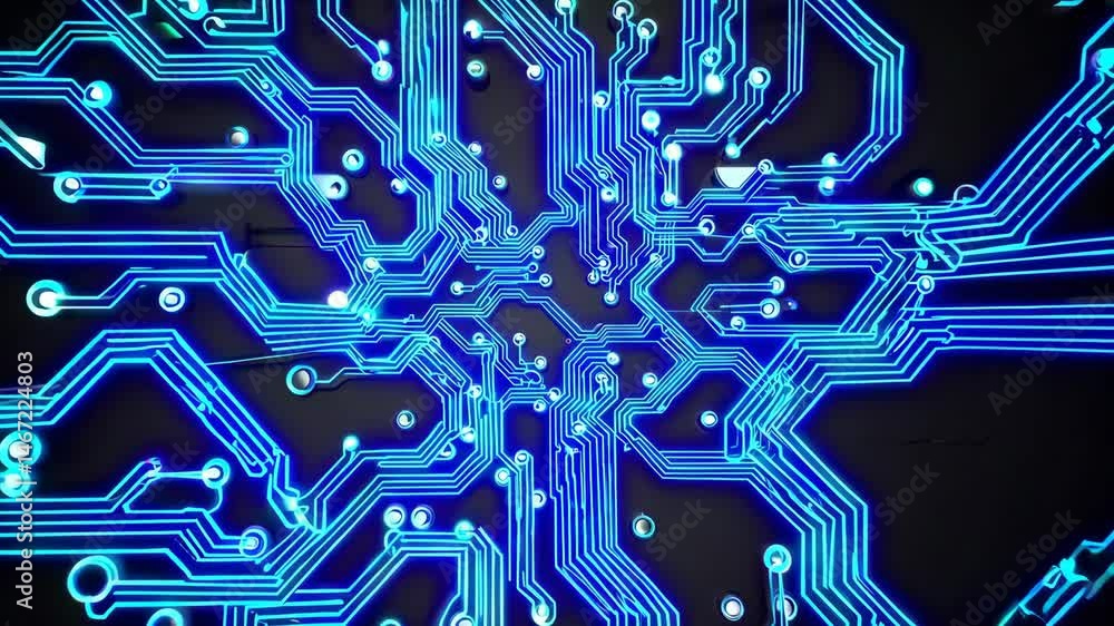Poster futuristic circuit board with glowing blue connections and animated data flow pathways