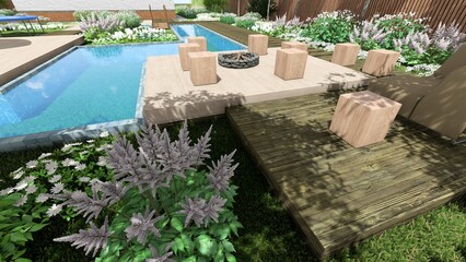 3d image of the landscape design of the home territory. Landscaping of the territory. Computer visualization of composite landscaping and landscaping solutions. White garden.