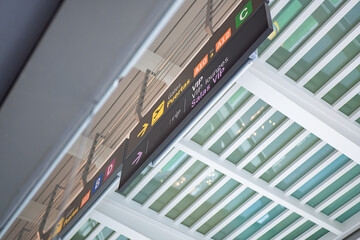 Directional signage in busy airport terminal above walkway