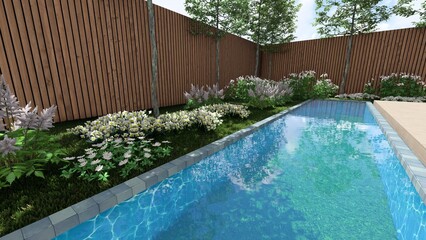 3d image of the landscape design of the home territory. Landscaping of the territory. Computer visualization of composite landscaping and landscaping solutions. White garden.