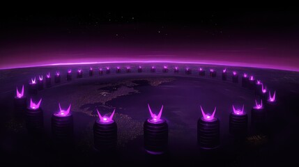 Futuristic glowing cityscape at night with neon accents and circular structure conveying a sense of technological advancement
