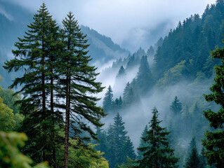 Lush evergreen forest with rolling hills and misty fog during a cloudy day