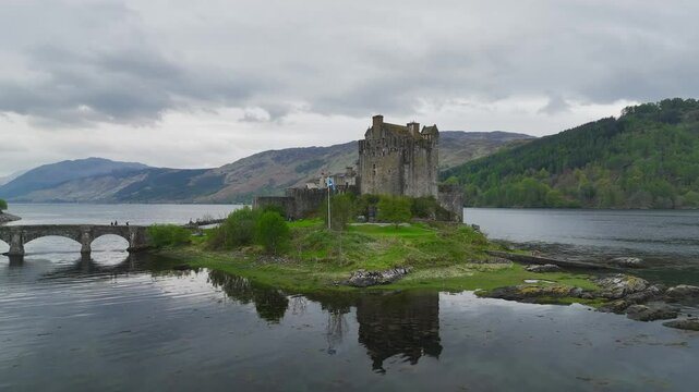 Eilean Donan Castle and Loch Duich from a drone, Isle of Skye, Highlands, Scotland, England	