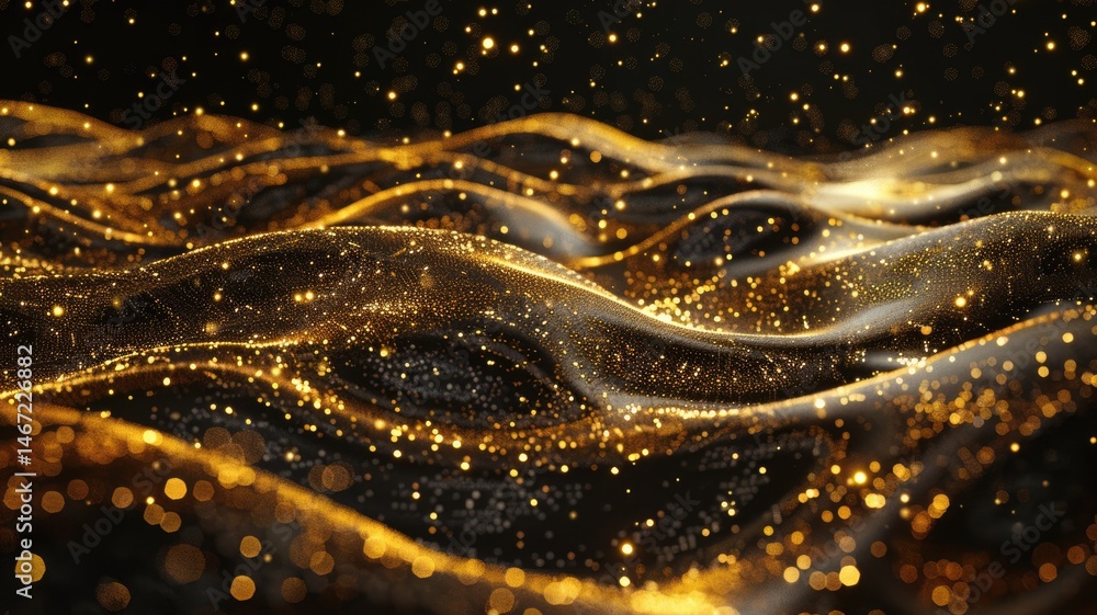 Poster elegant picture of gold light sparkling particles scattered across a deep black background, create a