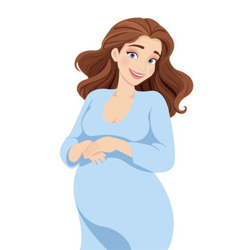 Vector illustration of a smiling pregnant woman in a light blue dress. Friendly and clean cartoon style. Ideal for maternity content, pregnancy education, prenatal care, parenting apps, medical websit