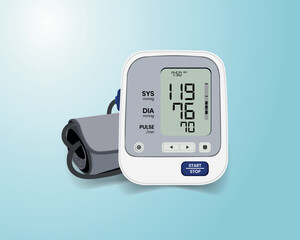 isolated medical objects, vector illustration of stethoscope, health bag, blood pressure monitor, oximeter, thermometer and medicine pills.