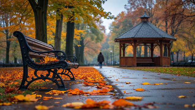 Fallen autumn leaves covering path in city park