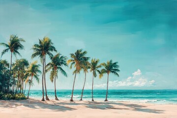Tropical Beach Paradise with Palm Trees and Turquoise Ocean Under Clear Blue Sky on a Sunny Day