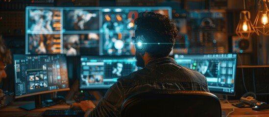 A filmmaker edits a movie, assisted by an AI hologram suggesting scene transitions and effects. The editing room is equipped with multiple screens and advanced editing tools, blending human creativity