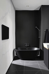 Fototapeta premium Modern bathroom with a dark freestanding bathtub, wall-mounted fixtures, and recessed lighting.