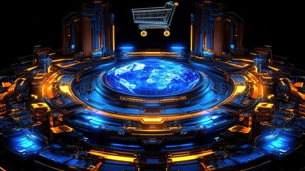 Futuristic Cybernetic Arena with Glowing Neon Elements and Complex Digital Structures evoking technological advancement and digital artistry