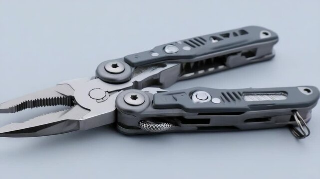 Close-up of multi tool pliers, grey color and metallic finish, versatile and compact, for repair work or outdoor adventures, precision equipment