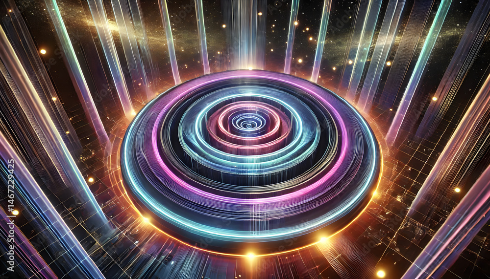 Poster futuristic circular structure spinning with bright energy lines, set against a starry cosmos and ill