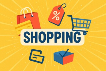 image.Shopping concept with colorful icons including shopping bag, cart, credit card, discount tag, and wallet on a bright yellow background with radial lines