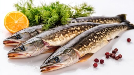 Three fresh whole pike fish with lemon, dill, and cranberries on white background.