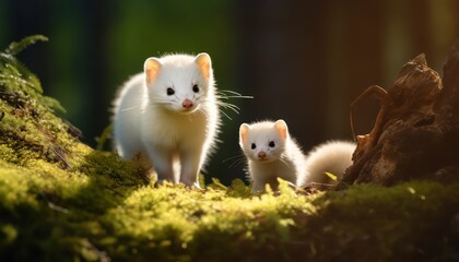Snow marten with his child standing in the arctic regions green frost forest, rare view in the arctic, rare animal sighting in snowy forest