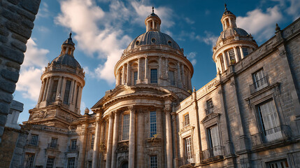 Fototapeta premium Majestic stone building with domed roofs against a bright blue sky and clouds