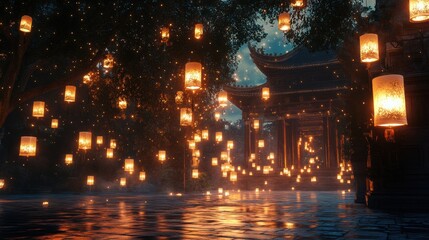 Temple Courtyard Illuminated by Floating Lanterns