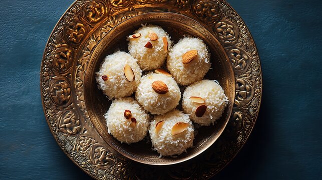 Top view of indian coconut ladoo sweets served in an ornate brass bowl isolated