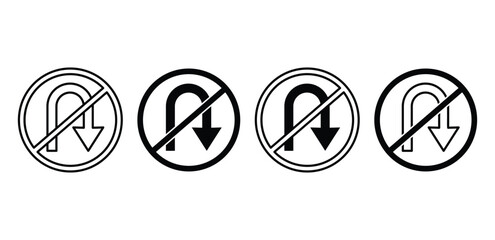 No U Turn Sign Icons Black and White Circular Traffic Symbols Vector Design Illustration