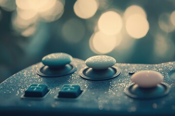 Close-up of a vintage gaming controller with bokeh lights background, offering a nostalgic and artistic view of video game technology.