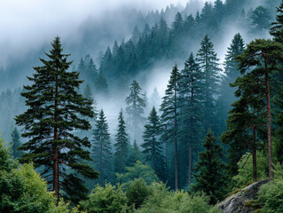 Misty mountain forest, towering evergreen trees, shrouded in atmospheric fog and mist, creating a serene landscape
