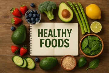 image.Fresh healthy foods including avocado, blueberries, spinach, cucumber, and lemon with a notebook labeled HEALTHY FOODS on a wooden table top view