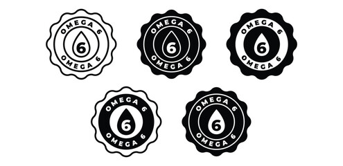 Omega 6 Icons Set Black and White Color Badge Stamp Round Shape Vector Design Template
