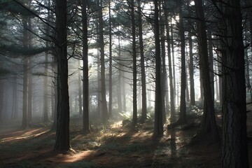 Fototapeta premium Bright misty forest with lofty pines in sunlight 