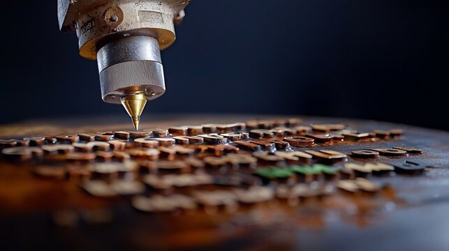 Close-up of a specialized machine precisely applying a design onto a wooden surface.  The detailed work process is evident