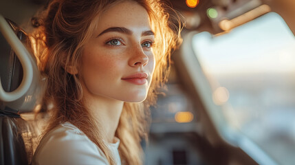 Young woman with freckles sitting in car illuminated by golden sunlight, peaceful contemplative moment during travel journey