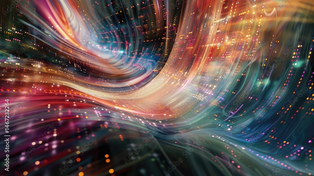 Poster abstract picture micro light sparkling particle represent data flow vivid flowing wave with high tec