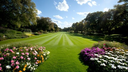 Obraz premium Walking Through a Lush Green Garden with Colorful Flowers and Blue Sky