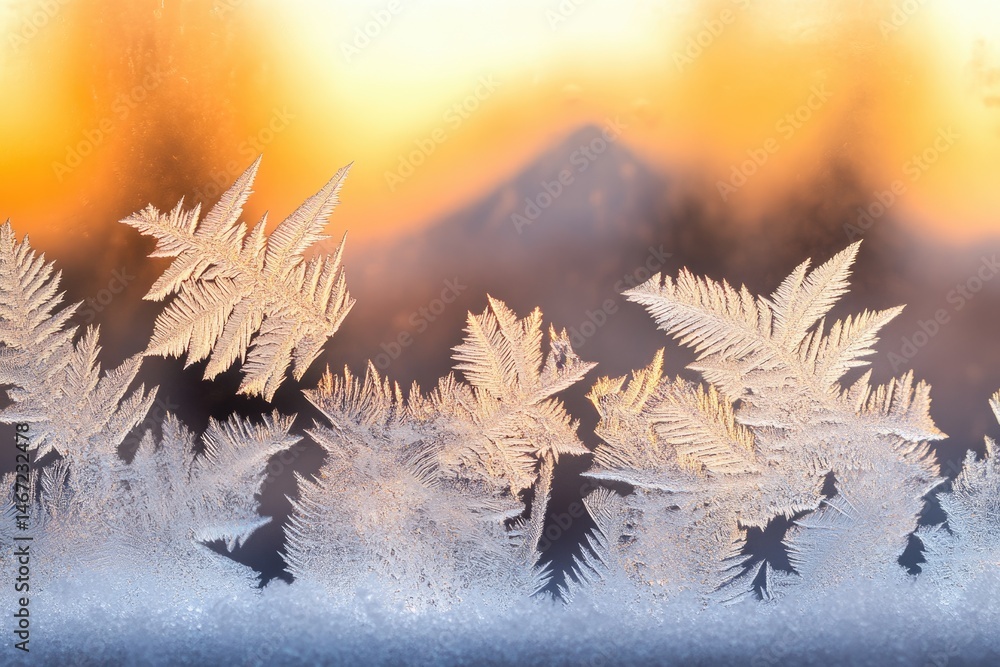 Poster frost patterns create intricate fern-like designs on a windowpane, illuminated by the golden hues of