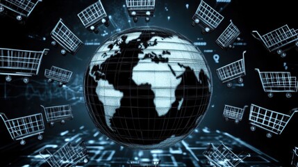 Globalized eCommerce landscape with digital world depiction and shopping cart motifs representing worldwide online retail connectivity