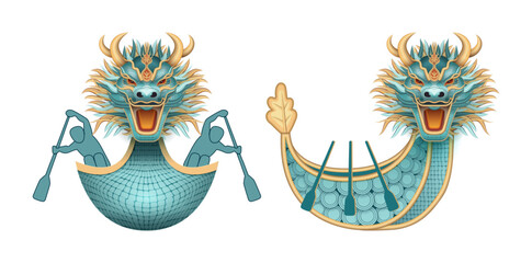 Set of design elements for Chinese Dragon Boat Festival. Cartoon Dragon boat and rowers © Nadezda Kostina