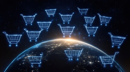 Global ecommerce network concept with digital shopping carts orbiting earth highlighting international online retail market and delivery services