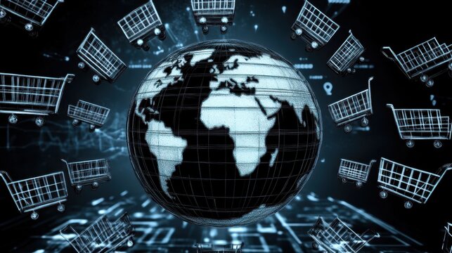 Globalized eCommerce landscape with digital world depiction and shopping cart motifs representing worldwide online retail connectivity