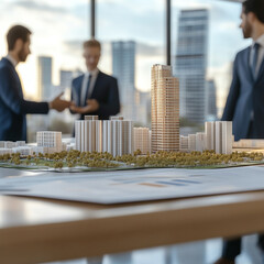 A group of professionals gathered around a table in a business meeting, including bankers,...