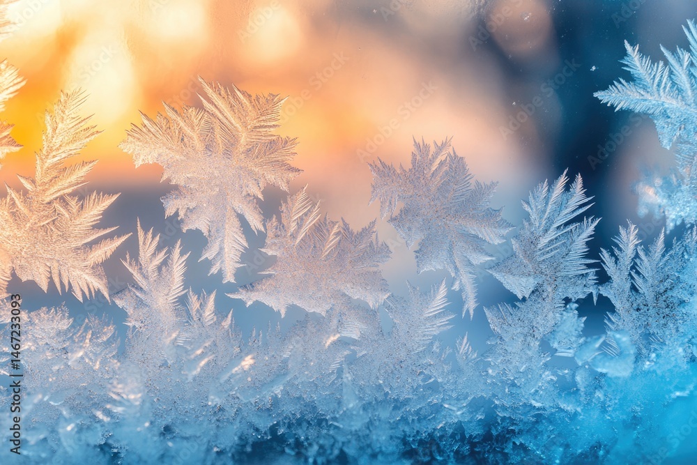 Poster delicate ice crystals form intricate, fern-like patterns on a frosted window, backlit by soft orange