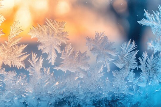 Delicate ice crystals form intricate, fern-like patterns on a frosted window, backlit by soft orange and blue hues. - Powered by Adobe