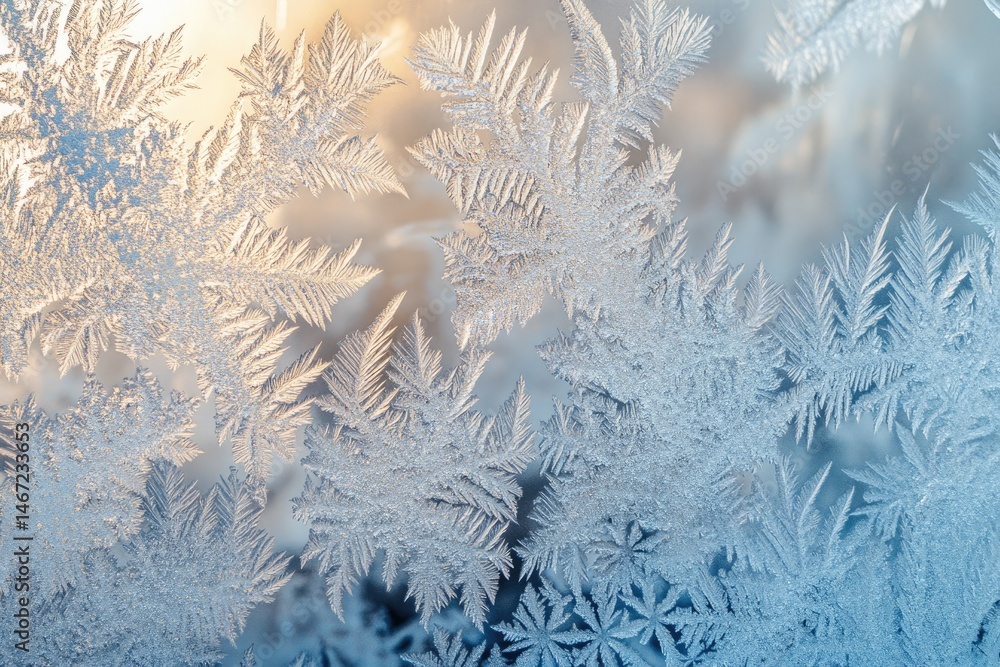 Poster intricate frost patterns resembling delicate leaves adorn a window pane, catching the soft light of 