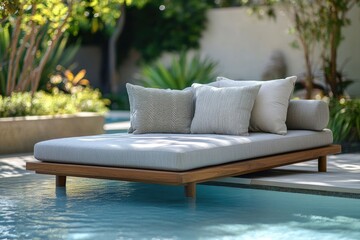 Luxury outdoor daybed with light gray cushions rests partially submerged in a tranquil poolside setting.