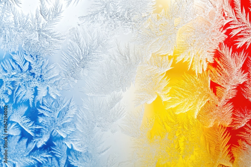 Poster intricate frost patterns form a gradient of blue, yellow, and red, creating a unique winter texture.