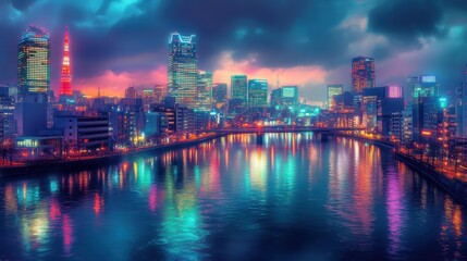 Fototapeta premium Futuristic Tokyo Skyline Glowing with Neon Lights