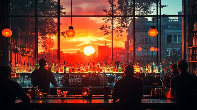 Sunset view from a bar showcasing patrons enjoying drinks as day transitions to night