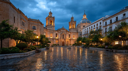 Naklejka premium Plaza with cathedral, reflecting city lights on wet cobblestone at dusk