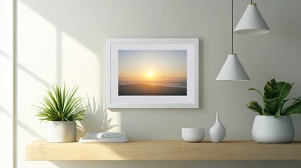 Framed coastal sunset landscape photography on shelf with plants.